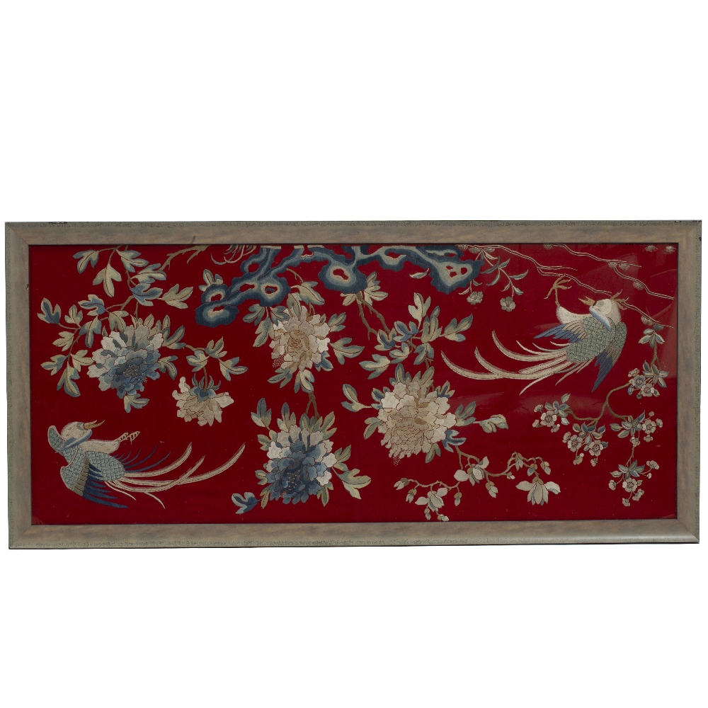 A CHINESE EMBROIDERED PANEL of phoenix amongst branches and flowers on a red felt ground, 56cm x - Image 2 of 10
