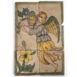 A CONTINENTAL TIN GLAZED CONTINENTAL TERRACOTTA TILE PANEL depicting an angel holding a flower, 35cm