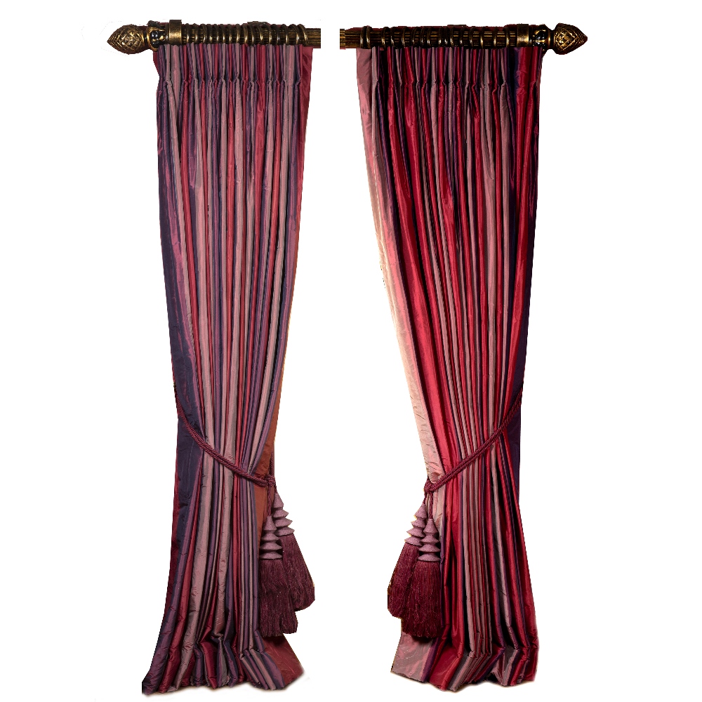 A PAIR OF PURPLE AND RED STRIPED INTERLINED CURTAINS each 250cm high and approximately 590cm long