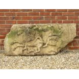 TWO LARGE CAST COMPOSITE STONE PLAQUES depicting Romans on horseback, both approximately 130cm wide