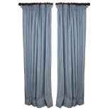 A PAIR OF HEAVY BLUE PATTERNED INTERLINED CURTAINS each approximately 240cm high x 240cm long (2