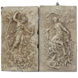 A PAIR OF PLASTER MOULDED RELIEF PANELS depicting hunting classical female figures, each 49cm x 28cm