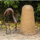 A 20TH CENTURY TERRACOTTA DOME TOPPED PLANTER 74cm high and an artistic metal sculpture of a heron