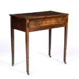 A GEORGE III ELM SIDE TABLE with frieze drawer and decorative inlay to the square tapering legs