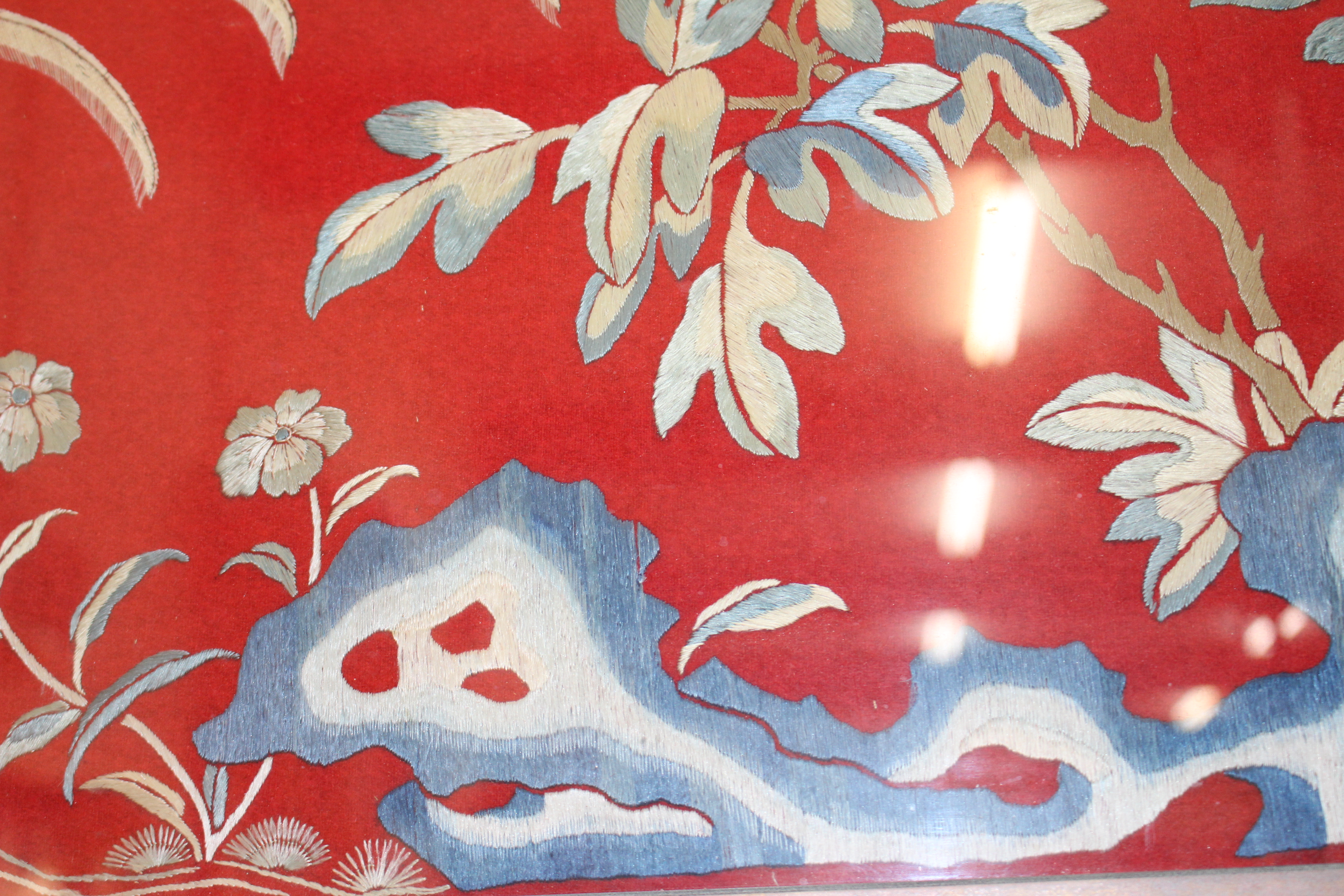 A CHINESE EMBROIDERED PANEL of phoenix amongst branches and flowers on a red felt ground, 56cm x - Image 3 of 10