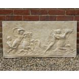 A RECTANGULAR CAST COMPOSITE PLAQUE of a classical relief Greek scene 87cm x 50cm