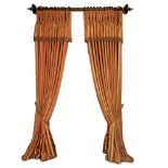 A PAIR OF LARGE HEAVY INTERLINED PEACH AND GOLD STRIPED CURTAINS each approximately 290cm high x