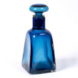 A VENINI MURANO BLUE GLASS DECANTER with acid stamp, mark to the base and original label 28cm high