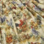 A PAIR OF CREAM GROUND INTERLINED CURTAINS decorated with chickens, approximately 250cm high x 260cm