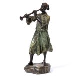 FRANZ BERGMAN cold painted bronze figure of a man playing a horn in green clothing with impressed