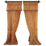 A LARGE PAIR OF HEAVY INTERLINED PEACH AND GOLD STRIPED CURTAINS approximately 290cm high x 650cm