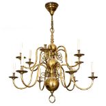 A 17TH CENTURY STYLE BRASS TWELVE LIGHT CHANDELIER the central stem with three spheres and with