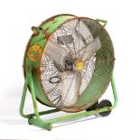 A GREEN PAINTED 'SUPERDRY' FLOOR FAN with 'rusted decoration', 73cm wide x 75cm high