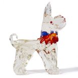 A 20TH CENTURY MURANO COLOURED GLASS SCOTTIE DOG with orange collar and blue bow, 33cm high overall