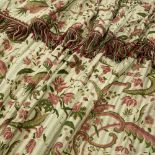A PAIR OF INTERLINED CURTAINS with green stripe ground, decorated with flowering foliage in