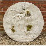 THREE ROUND CAST COMPOSITE STONE PLAQUES with classical relief decoration, each approximately 80cm