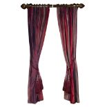 TWO PAIRS OF PURPLE AND RED STRIPED FLOOR LENGTH INTERLINED CURTAINS each 250cm high x 260cm long