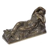 A 19TH CENTURY CAST BRONZE SCULPTURE depicting a classical maiden reclining 30cm wide x 11cm deep