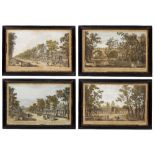 A SET OF FOUR 18TH CENTURY HAND COLOURED ENGRAVINGS of Vauxhall Gardens, each set within moulded