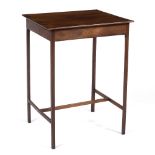 A GEORGIAN MAHOGANY RECTANGULAR TOPPED OCCASIONAL TABLE on delicate square legs untied by an 'H'