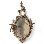 A CHIPPENDALE STYLE HANGING WALL MIRROR with rococo style decoration and hoho birds to either