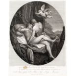 A PAIR OF DECORATIVE ETCHINGS after Teodoro Malteini, each depicting lovers, 48cm x 38cm (2)