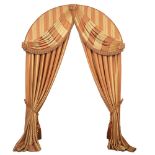 TWO PAIRS OF HEAVY SHAPED INTERLINED GOLD AND PEACH STRIPED CURTAINS approximately 3 metres high