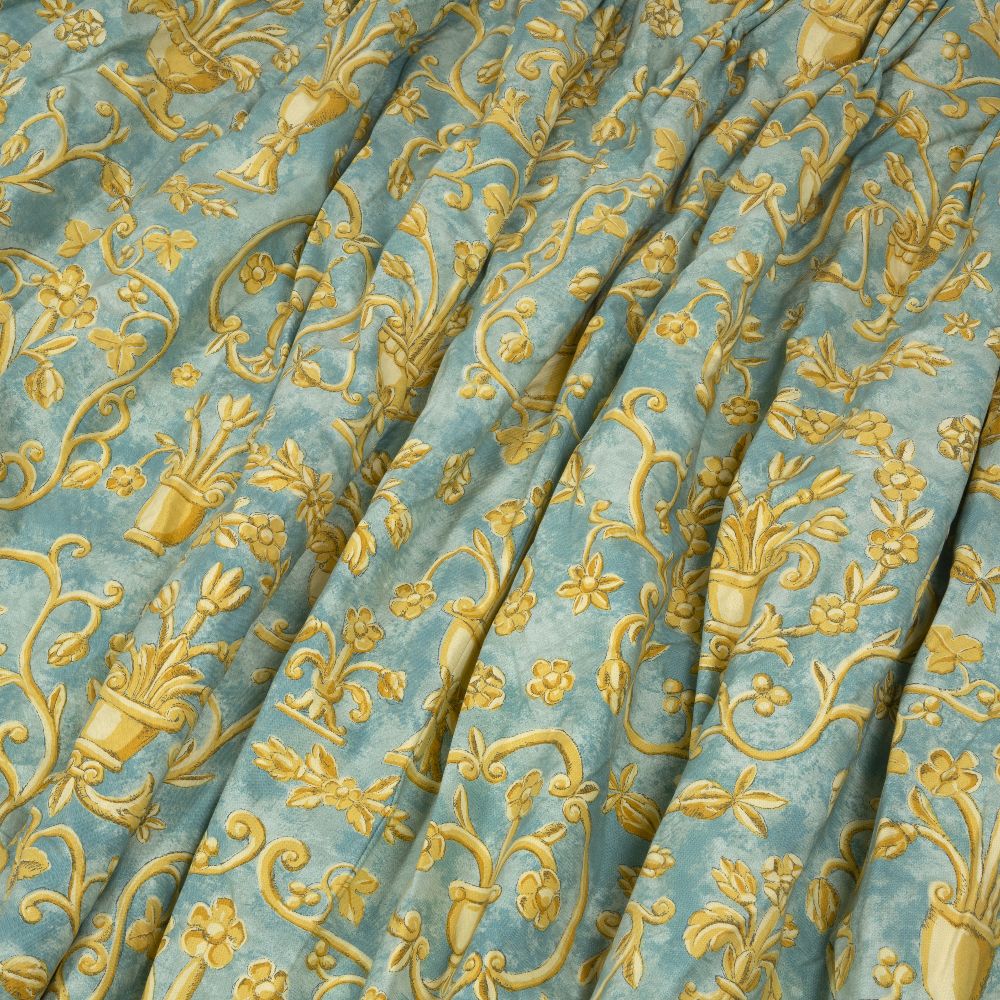 THREE PAIRS OF LATE 20TH CENTURY COTTON CURTAINS of a turquoise ground and gold repeating floral