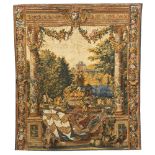 A LATE 20TH CENTURY MACHINE MADE TAPESTRY depicting a European view with scrolling flowers and fruit