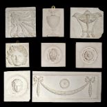 A GROUP OF EIGHT CAST PLASTER ARCHITECTURAL ELEMENTS to include a ewer, masks, a rose head etc.,