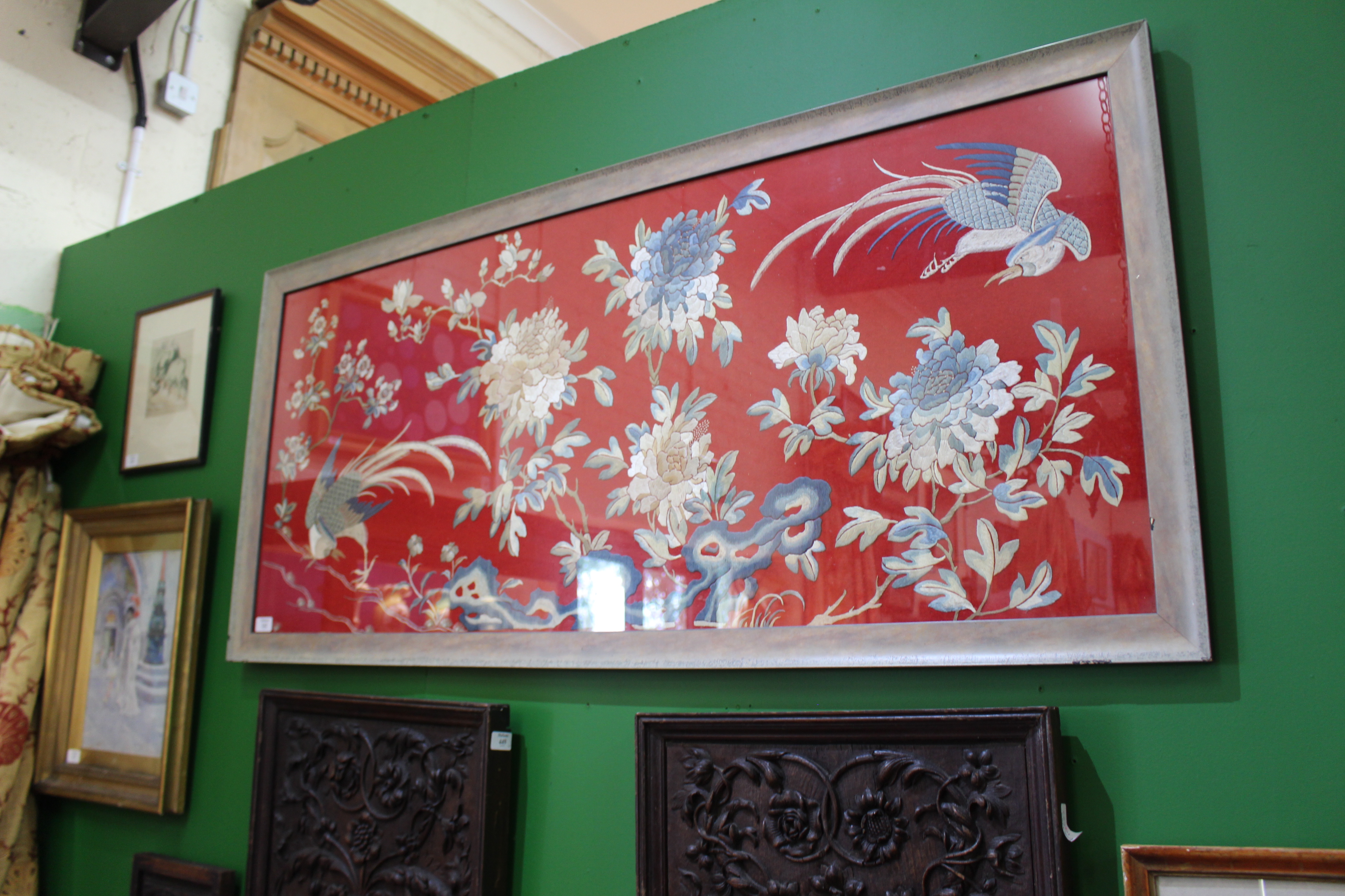 A CHINESE EMBROIDERED PANEL of phoenix amongst branches and flowers on a red felt ground, 56cm x - Image 10 of 10