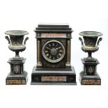 A 19TH CENTURY FRENCH THREE PIECE CLOCK GARNITURE DE CHEMINEE the black and gilt Roman numeral