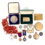A GOLD PLATED ZENITH HUNTER POCKET WATCH a white metal medallion, two gilt silver RAOB medals, a