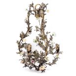 AN ANTIQUE FRENCH GILT METAL AND PORCELAIN THREE BRANCH CHANDELIER of naturalist form with flower