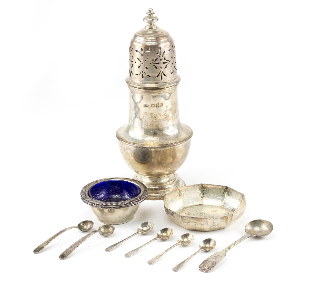 A SILVER SUGAR SIFTER with marks for London, silver pin dish, various silver spoons, salts etc (a