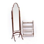 A CONTEMPORARY MAHOGANY CHEVAL MIRROR with shaped top, 40cm wide x 163cm high approximately together