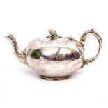 A VICTORIAN BULBOUS SILVER TEAPOT with capped scrolling handle and a decorative finial lid, blank