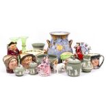 A QUANTITY OF CHINA AND GLASS to include 20th century Wedgwood Jasper ware, character jugs, a