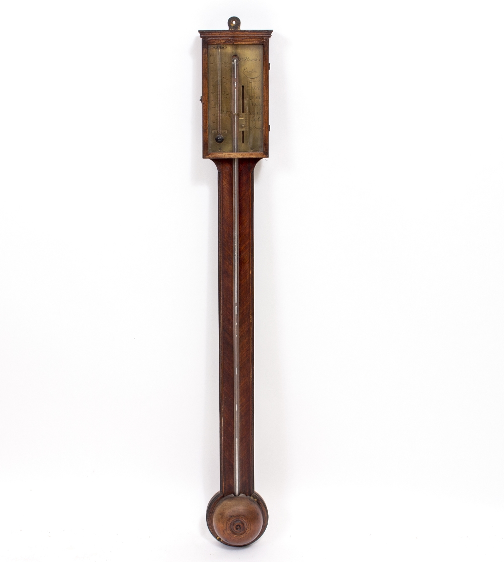 A VICTORIAN MAHOGANY CASED STICK BAROMETER with engraved brass plate 'B.Pinni & Co', 94cm high