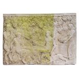 A RECTANGULAR CAST COMPOSITE STONE PLAQUE depicting a Greek supper scene 97cm wide x 68cm high