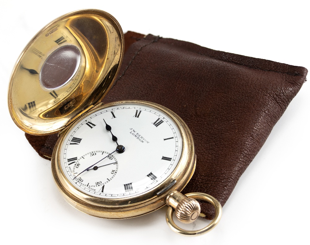 A 9 CARAT YELLOW GOLD BENSON HALF HUNTER POCKET WATCH with white enamel dial and subsidiary dial