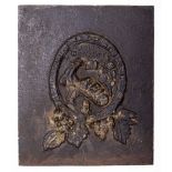 AN ANTIQUE CAST IRON PLAQUE with relief decoration, marked 'Wine Cellars', 31cm x 37cm