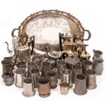 A QUANTITY OF METALWARE to include a late 19th / early 20th century silver plated twin handled, tray