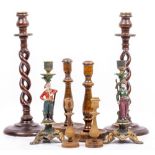 A PAIR OF PAINTED SPELTER CANDLESTICK of figural form, each 26cm high; a pair of barley twist