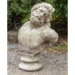 A CAST RECONSTITUTED STONE BUST OF LAOCOON on a circular socle, 85cm high
