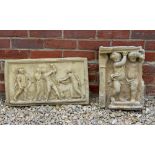 A RECONSTITUTED STONE RECTANGULAR PLAQUE set with classical figures, 54.5cm wide x 31cm high
