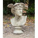 A CAST RECONSTITUTED STONE BUST OF MERCURY 57cm high