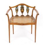 A 19TH CENTURY PAINTED SATINWOOD BERGERE CANED STOOL with three painted portraits of ladies, 64cm