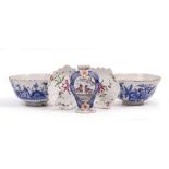 TWO ANTIQUE DUTCH DELFTWARE BOWLS each 26cm wide together with a Delft ware vase decorated with