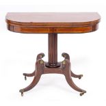 A 19TH CENTURY MAHOGANY TEA TABLE with box line inlay and brass inlay to the interior, standing on a